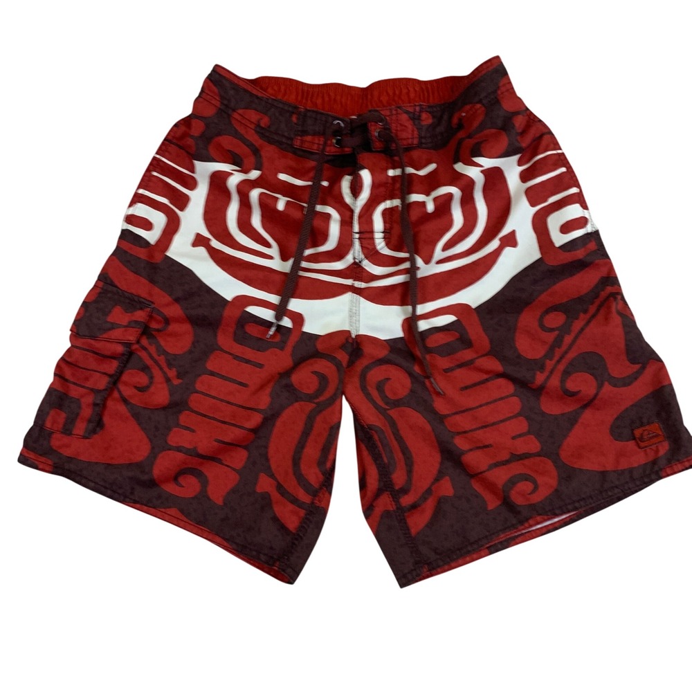 Y2K Quiksilver Mens Tribal Graphic Surf Board Shorts Red Brown‎ Size Small Beach